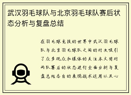 武汉羽毛球队与北京羽毛球队赛后状态分析与复盘总结
